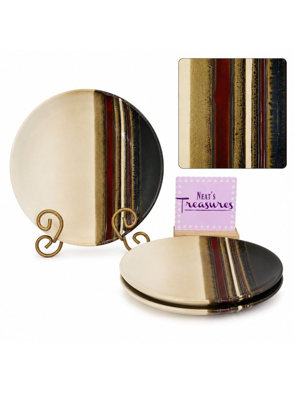 Better Homes And Gardens ROCKPORT Brown Tan Stripe Stoneware Salad Plate Set 3